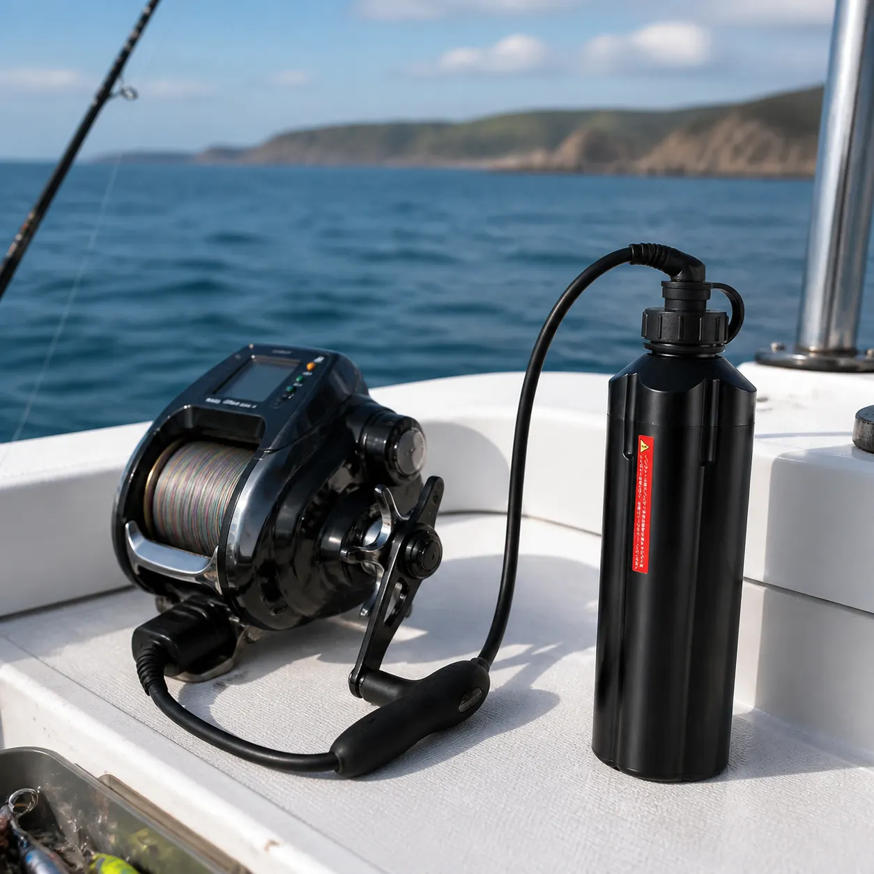 Electric Fishing Reel Battery in use