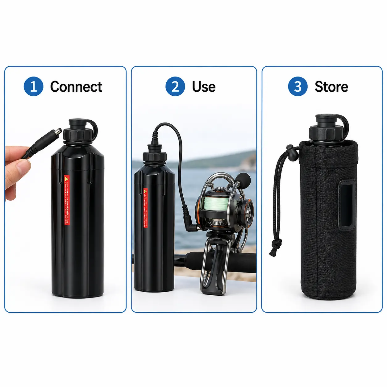 Electric Fishing Reel Battery setup and use views